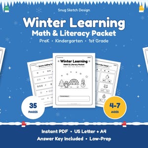 Folhas de atividades de matemática e alfabetização para o inverno, para pré-escola e jardim de infância: pacote imprimível com 35 páginas.
