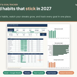 2027 Habit Tracker Spreadsheet, Goal Planner and Year in Pixels Mood Tracker, Google Sheets Excel