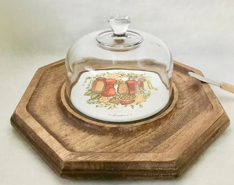 Vintage Cheese Tray with Glass Cloche Dome and Spreading Knife Corning Ware Spice of Life