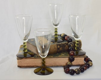 Vintage Champagne Flutes with Green Bubble Stems // Set of Four