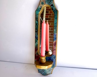 Vintage Mirrored Floral Sconce // Decoupaged Wooden Wall Candle Holder