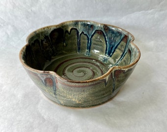 Vintage Studio Pottery // Ceramic Flower Bowl // Green & Blue OOAK