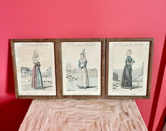 Trio of Antique French Fashion Plates // Hand-Colored Etching