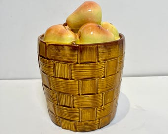Vintage perenmand keramische koekjestrommel majolica keukenopberger