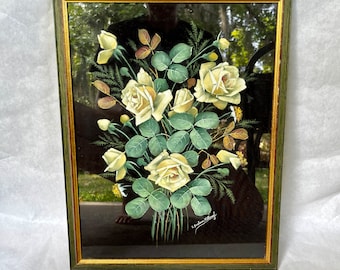 Vintage White Rose Painting // Flowers on Black Fabric // Oil Painting