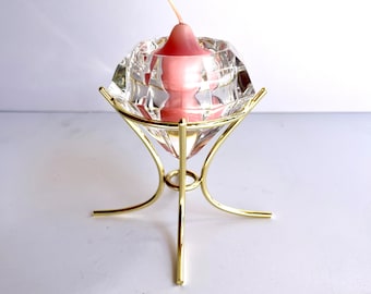 Vintage Diamond Crystal & Brass Candle Holder