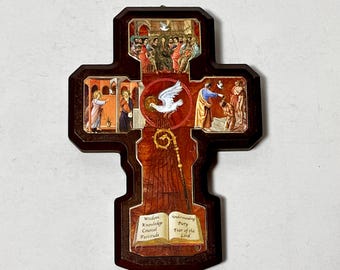 Vintage Italian Wooden Wall Cross w/ Biblical Life of Jesus Scenes Christianity