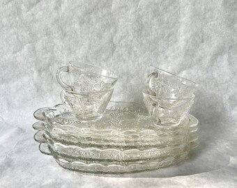 Vintage Glass Snack Set // Set of Four Appetizer Plates with Cups // Dinner Party