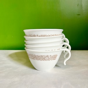 Set of Five Vintage Stacking Corelle Coffee Cups // Mid Century Pyrex // Woodland Pattern