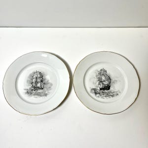 Pair of Vintage Hand Painted Fine China Porcelain Plates w/Pirate Ships Nautical Brig Frigate Sailing
