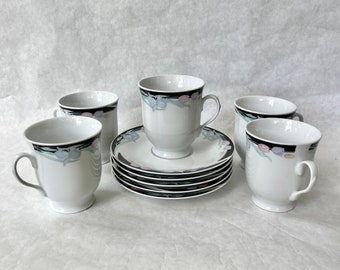 Set of Five Vintage Floral Cups & Saucers // 5 Caravel Coffee Tea Cups // Nineties