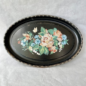 Vintage Oval Toleware Tray // Painted Metal Tray // Flowers Floral