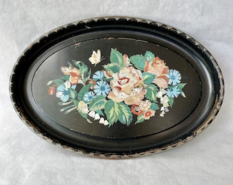Vintage Oval Toleware Tray // Painted Metal Tray // Flowers Floral