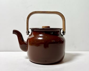 Vintage Brown Midcentury Enamel Kettle Teapot