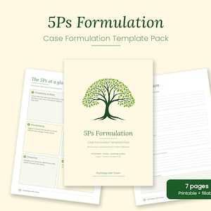 May include: A 5Ps Formulation case formulation template pack featuring a green tree illustration on a cream background. The document includes text titled 5Ps Formulation, Case Formulation Template Pack, and 7 pages Printable + fillable.