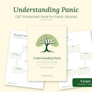 May include: A CBT worksheet pack titled Understanding Panic featuring a green tree illustration on the cover. The pack includes eight printable and fillable pages with diagrams for mapping the panic cycle, triggers, and bodily sensations.