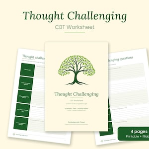 Può includere: Un set di documenti per fogli di lavoro TCC Thought Challenging con una pagina centrale che presenta un'illustrazione di un albero verde, il testo Thought Challenging CBT Worksheet e pagine aggiuntive con sezioni a righe.