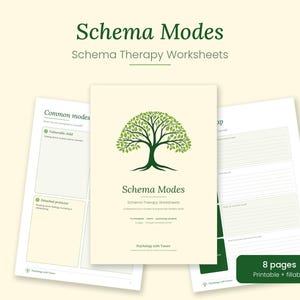 Puede incluir: Un conjunto de ocho hojas de trabajo de terapia de modos de esquema imprimibles y rellenables con una ilustración de un árbol verde. La portada muestra el texto Schema Modes y Schema Therapy Worksheets, con páginas adicionales de formularios.