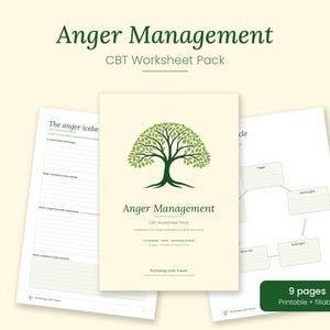 May include: An Anger Management CBT Worksheet Pack featuring a central cover page with a green tree illustration, flanked by two internal pages with text fields and diagrams. The text includes Anger Management, CBT Worksheet Pack, and Psychology with Tanner.