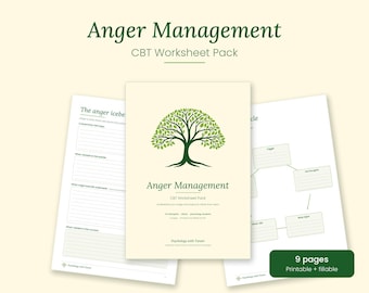 May include: An Anger Management CBT Worksheet Pack featuring a central cover page with a green tree illustration, flanked by two internal pages with text fields and diagrams. The text includes Anger Management, CBT Worksheet Pack, and Psychology with Tanner.