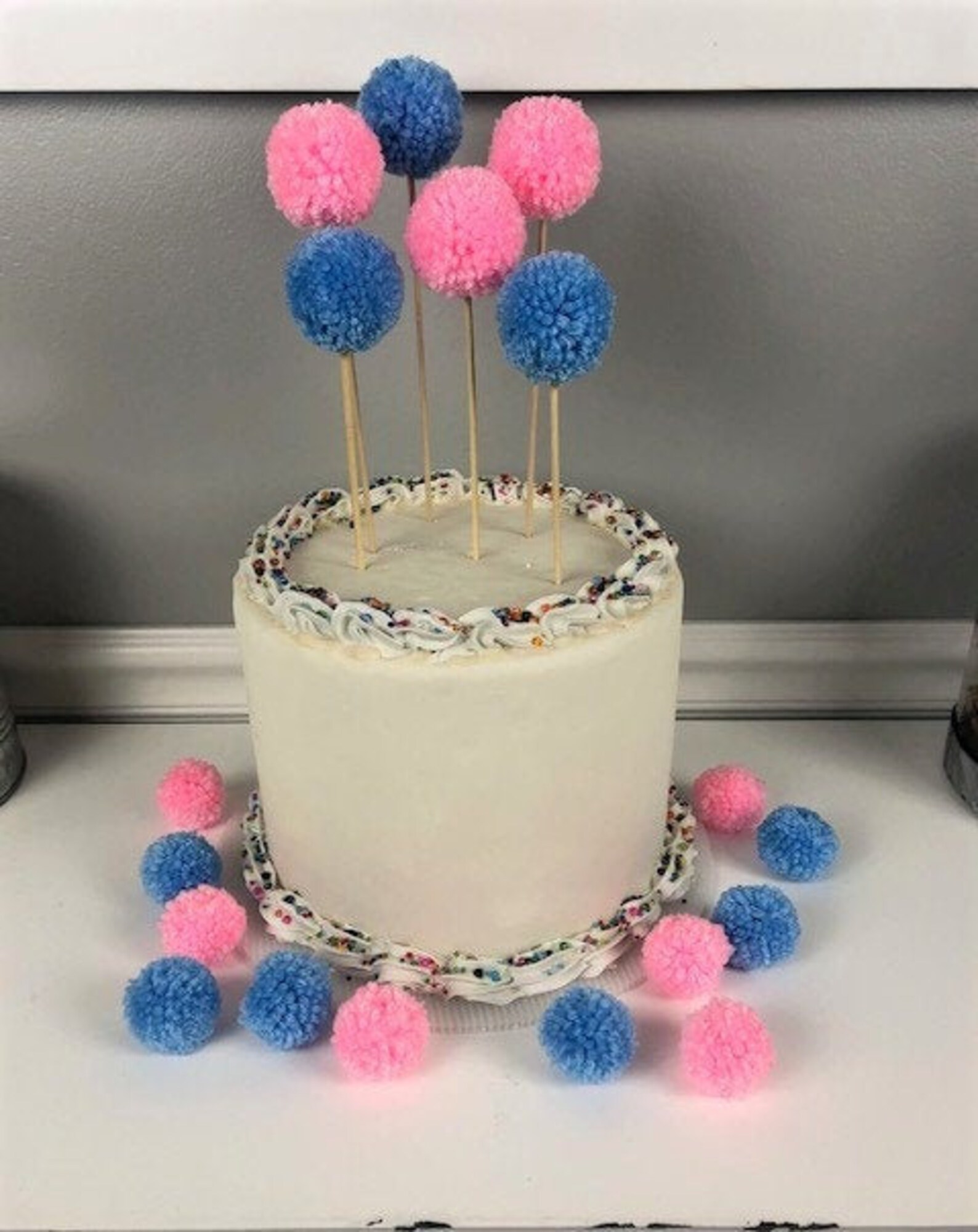 Gender Reveal Pom Pom Cake Toppers Set of 6 Blue & Pink Etsy