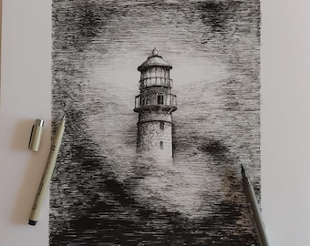Originale Federzeichnung eines Leuchtturms im Nebel, gerahmtes Küstenmotiv, handgezeichnete maritime Kunst im Nebel, Schwarz-Weiß-Kunstwerk