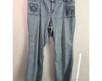 Vintage Americana blues jeans met hoge taille en rechte pijpen, maat 18 x 28, Y2K grunge