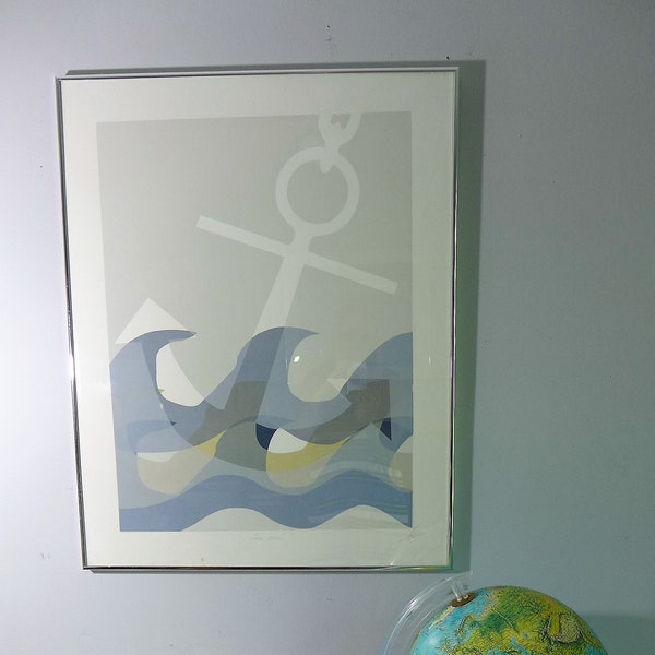 Andreas Wave Motion Signed Original Lithograph Vanguard Studios Framed Minimalist Print Anchor Waves Nautical Mid Century Modern Art