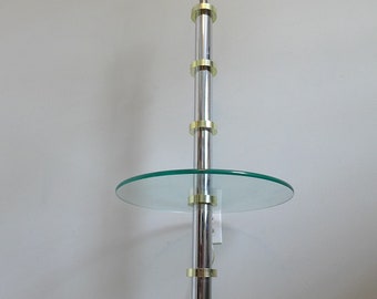 Vintage Chrome Floor Lamp with Glass Table Hollywood Regency Gold Segmented Faux Bamboo Thick Column Lamp Mid Century Modern