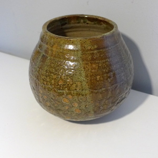 Hand Thrown Studio Pottery Vase Signed Crocodile Green Brown Tan Textured Vessel Boho Planter Pat Spencer Organic Ceramics