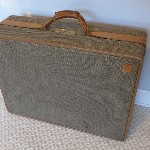 Vintage 25 Inch Hartmann Tweed Tan Leather Suitcase with Paisley Lining Belting Strap Vintage Brass Hardware Locking Combination Luggage