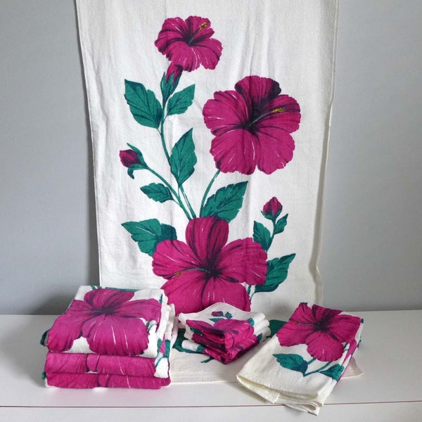 Martex Hibiscus Bath Towel Set New Old Stock with Tags 11 Piece Purple Floral Towels 4 Bath 3 Hand 4 Washcloth Tropical Retro White Cotton