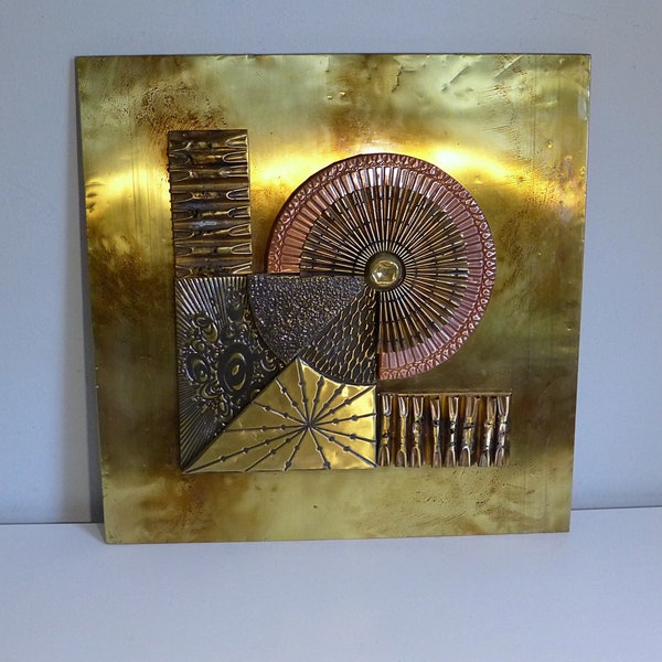 Stephen Chun Brass Brutalist Abstract Wall Sculpture Mid Century Modern Biomorphic Shapes Steel Copper on Brass Metal Wall Art 1970s