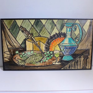 Signed Van Hoople Still Life Painting Mid Century Smorgasbord Impasto Vintage Art Framed Fish Cheese Wine Grapes Colorful Oil on Board