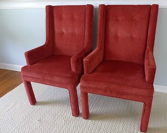 Pair of John Widdicomb Parsons Chairs Red Chenille High Button Back Fireside Chair Low Armchair Brick Red Upholstered Chair