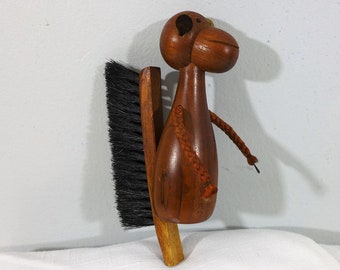 Vintage Teak Squirrel Brush Mid Century Modern Wood Figure Clothes Shoe Brush Monkey Face Moveable Arms Collectible Italy