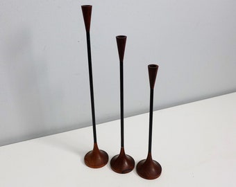 Set of 3 Graduated Rosewood and Black Steel Candlesticks by Sam Mann Rare Turned Wood Tiny Taper Candle Holders Mid Century Modern