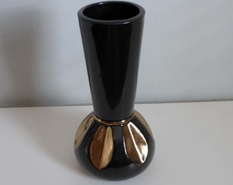 Mid Century Modern Black Fluted Ceramic Vase with Gold Insets Atomic Cool Accent Vintage High Gloss Glaze Vase