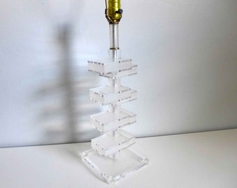Vintage Stacked Lucite Block Lamp Mid Century Modern Frosted and Clear Acrylic Offset Blocks Table Light Karl Springer Hollywood Regency