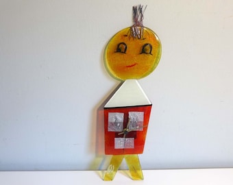 Happy House Boy Wall Clock Fused Glass Hand Made in Greece Abstract Clock Signed Epateuin Fun Kids Room Playroom Wall Art