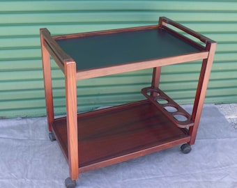 Danish Rosewood Bar Cart Mid Century Modern Rolling Bar with Bottle Holders Two Level Tea Trolley Cocktail Cart Casters
