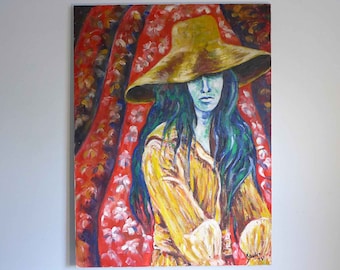 Blue Bohemian Lady Original Oil Painting Female Portrait Woman in Yellow Hat Mid Century Modern Signed N Schuler Art Hippie Boho 1973