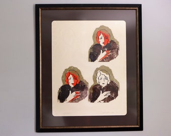 Jeanne Norman Chase Sylvia's New Fur Original Signed Woodcut Embossing Large Framed Modern Art Print Limited Edition 1974 Lady with Fur