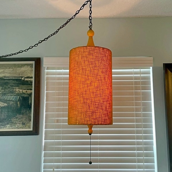 Mid Century Swag Lamp with Drum Shade Hanging Light Boho Burlap Textured Pendant Lamp Ceramic Finials Natural Mood Lighting