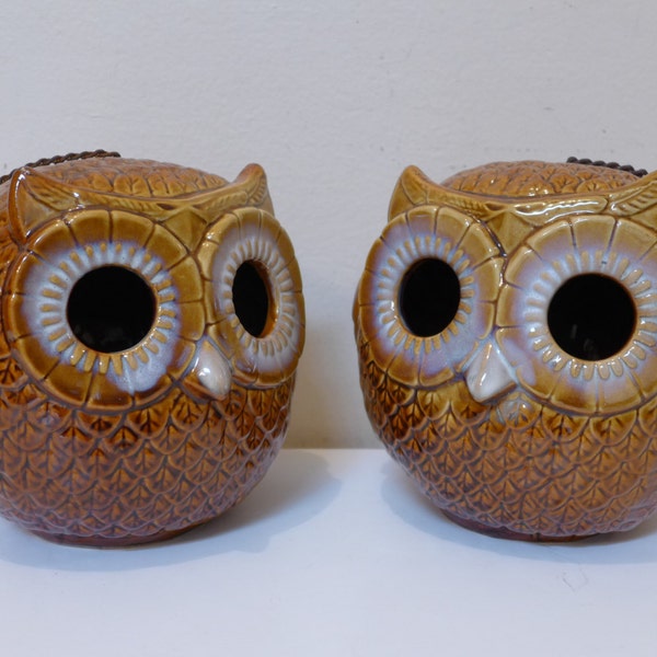 Pair of Ceramic Hanging Owls Candle Holders Big Eyes Light Up Pottery Brown Owl Mid Century Sculpture