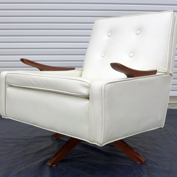 Reserved for Dave: White Vinyl Vintage Rocking Swivel Lounge Chair Low Seating Wood Legs and Arms Mid Century Modern Living Room