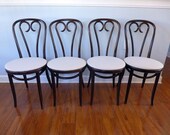 4 Vintage Bentwood Thonet Cafe Chairs Walnut Finish Cotton Duck Upholstery Seat ZMG Radomsko Poland Wood Restaurant 20 Available