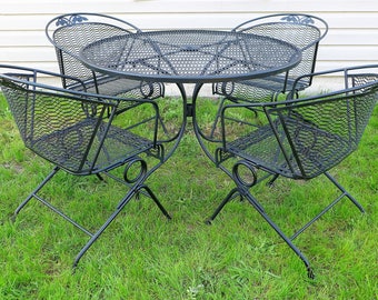 russell woodard patio set 4 spring bounce barrel back chairs and dining table floral rose metal mesh outdoor furniture mid century modern metal patio chairs i76 metal