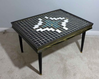 Vintage Mid Century Modern Mosaic Tile Top Side Table Blue Black and White Diamond Tiles Design Black Wood Peg Legs Mod Small Coffee Table