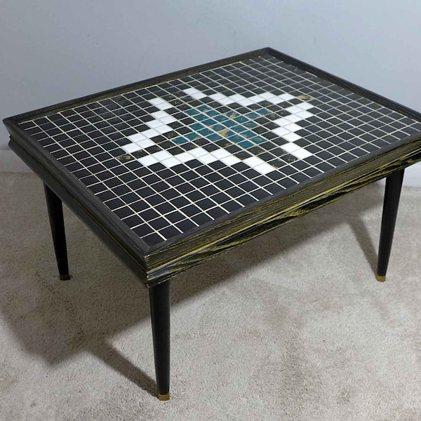Vintage Mid Century Modern Mosaic Tile Top Side Table Blue Black and White Diamond Tiles Design Black Wood Peg Legs Mod Small Coffee Table